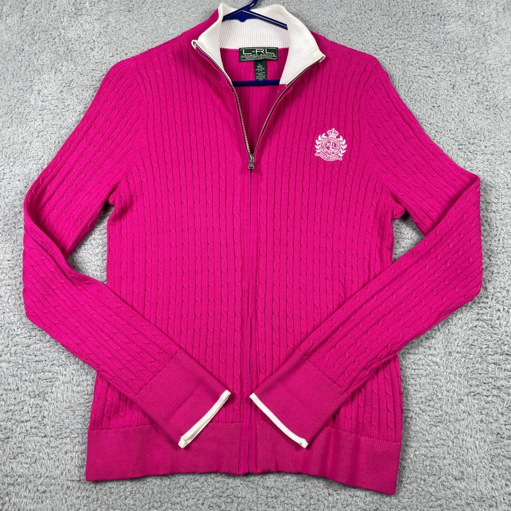 Lauren Active Ralph Lauren Full Zip Sweater Womens Large Pink Cable Knit Crest